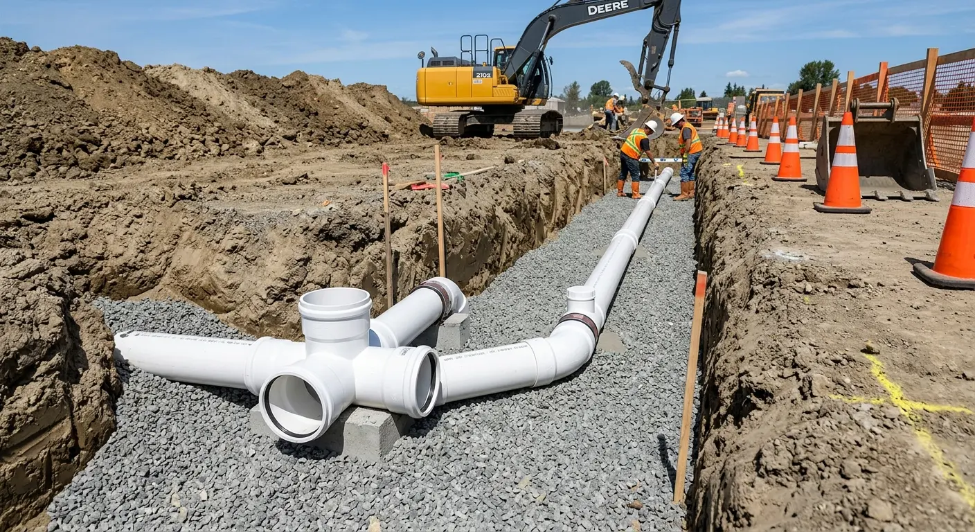 New PVC sewer pipe installation in open trench for Grease Trap Cleaning in Sweetwater