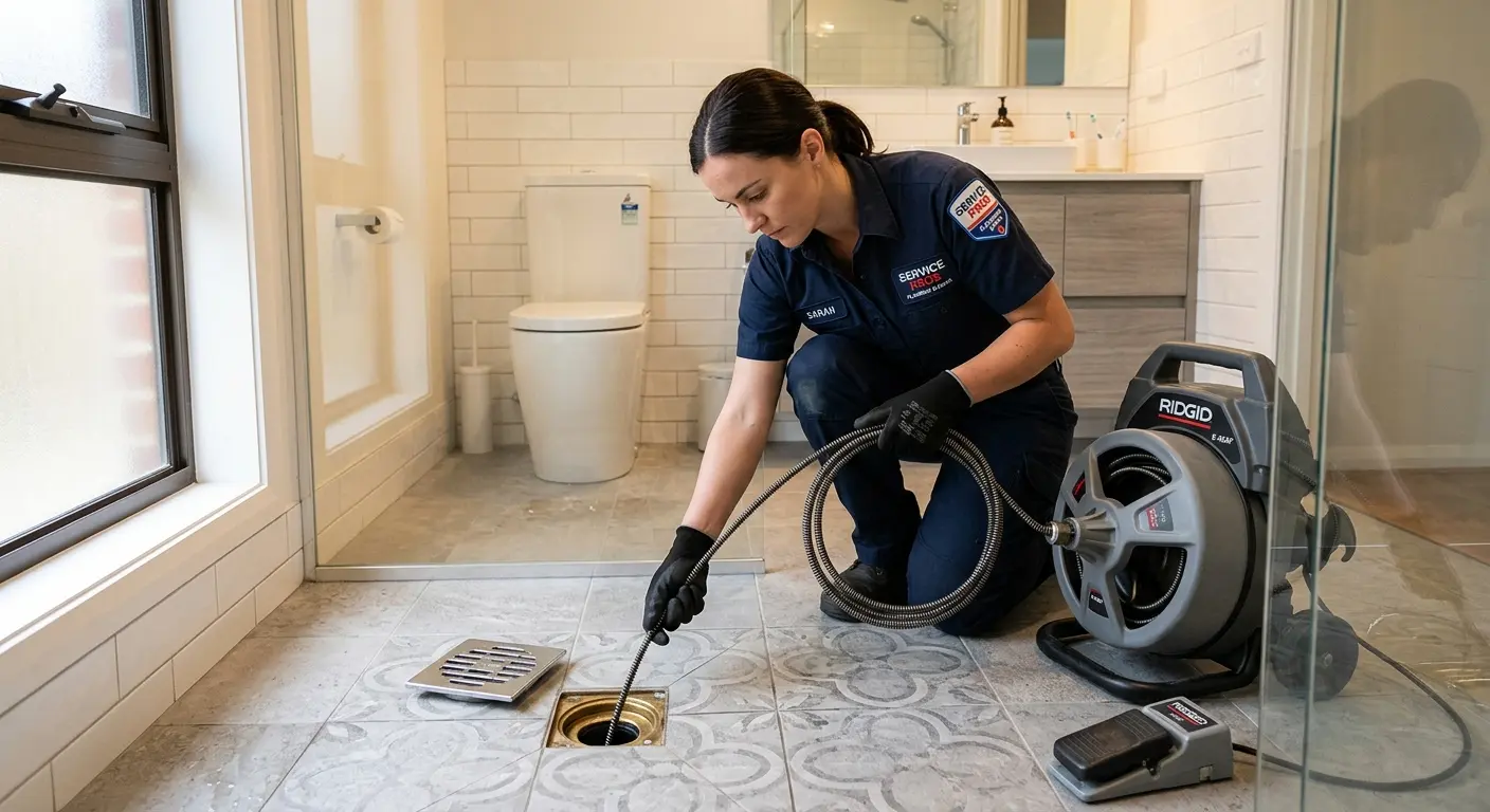 Technician clearing a bathroom floor drain for Drain Repair in Sweetwater